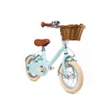 Vélo enfant BeBikeen 12 pouces bleu turquoise lumineux, 2 à 4 ans, vue 3/4 avant avec panier.