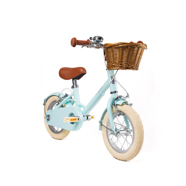 Vélo enfant BeBikeen 12 pouces bleu turquoise lumineux, 2 à 4 ans, vue 3/4 avant avec panier.