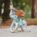 Vélo léger enfant Bebikeen 12 pouces bleu turquoise lumineux, 2 à 4 ans, vue de face avec panier avant.