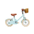 Vélo enfant Bebikeen 12 pouces bleu turquoise pour enfants de 2 à 4 ans, léger, élégant et sûr, avec panier en osier naturel, vue de profil droit.