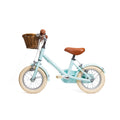 Vélo enfant BeBikeen 12 pouces bleu turquoise lumineux, 2 à 4 ans, profil gauche avec roues stabilisatrices.
