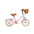 Vélo enfant Bebikeen 12 pouces rose pour enfants de 2 à 4 ans, léger, élégant et sûr, avec panier en osier naturel, vue de profil droit.