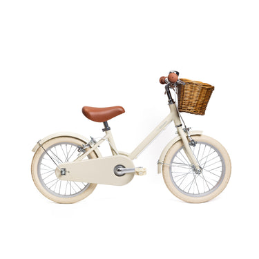 Vélo enfant Bebikeen 16 pouces crème pour enfants de 4 à 6 ans, léger et élégant et sûr avec panier en osier naturel, vue de profil droit.
