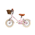Vélo enfant Bebikeen 12 pouces rose léger, 2 à 4 ans, profil gauche avec 
panier en osier.