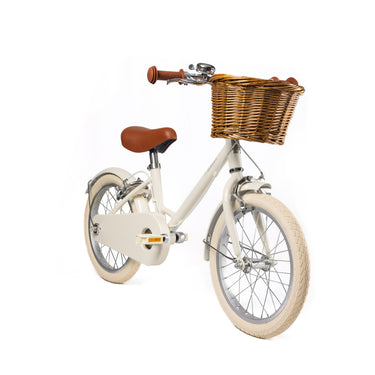 Vélo enfant Bebikeen 16 pouces crème léger, 4 à 6 ans, vue 3/4 avant avec élégant panier en osier.