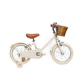 Vélo enfant Bebikeen 16 pouces crème léger, 4 à 6 ans, profil droit avec stabilisateurs et panier en osier naturel.