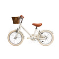 Vélo enfant Bebikeen 16 pouces crème léger, 4 à 6 ans, profil gauche avec selle marron en simili cuir et panier en  osier.