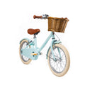 Vélo léger Bebikeen 16 pouces bleu turquoise, pour enfant 4 à 6 ans, vue 3/4 avant avec élégant panier en osier naturel.