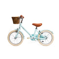 Vélo léger enfant Bebikeen 16 pouces bleu turquoise, 4 à 6 ans, profil gauche avec roues stabilisatrices et selle marron en simili cuir.